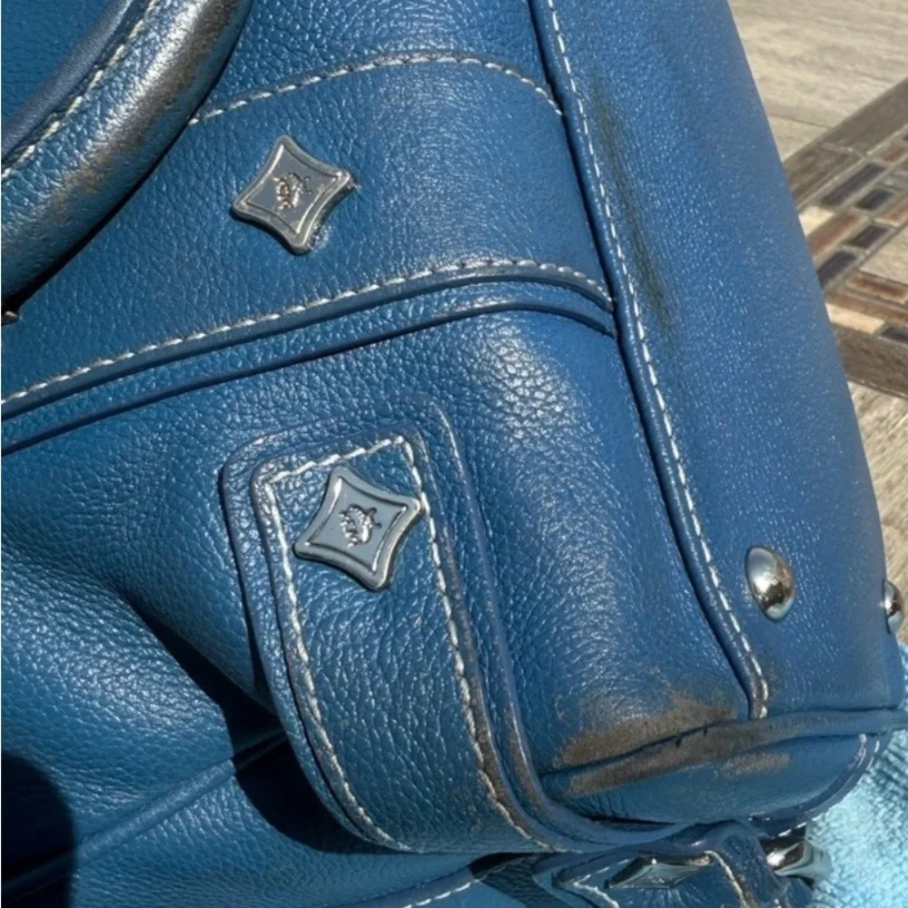MCM Vintage Luxury Blue Leather Satchel Boston Bag with Silver Accents GUC